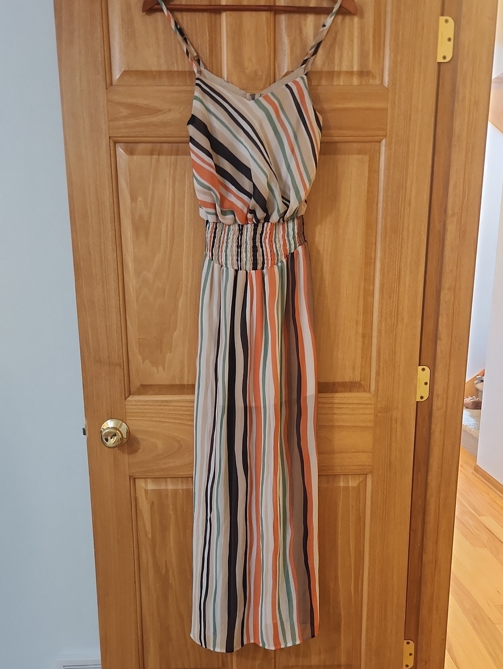 Fire Los Angeles Striped Maxi Dress in Cream, Black, Orange and Blue
